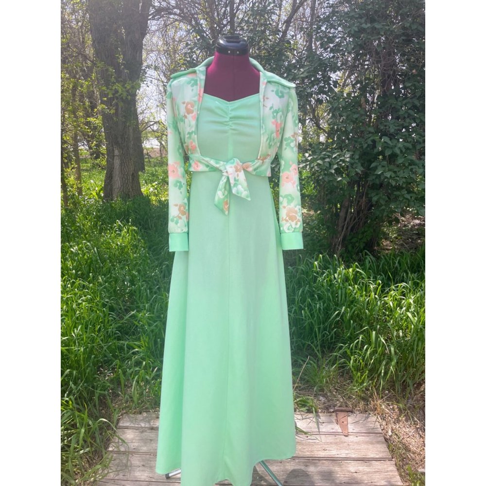 Vintage 1970s Mint Green Sleeveless Maxi Dress with Floral Crop Jacket